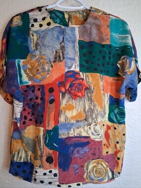 Che Studio Colorful Abstract Floral Patchwork Silky Blouse Sz S Artsy Boxy